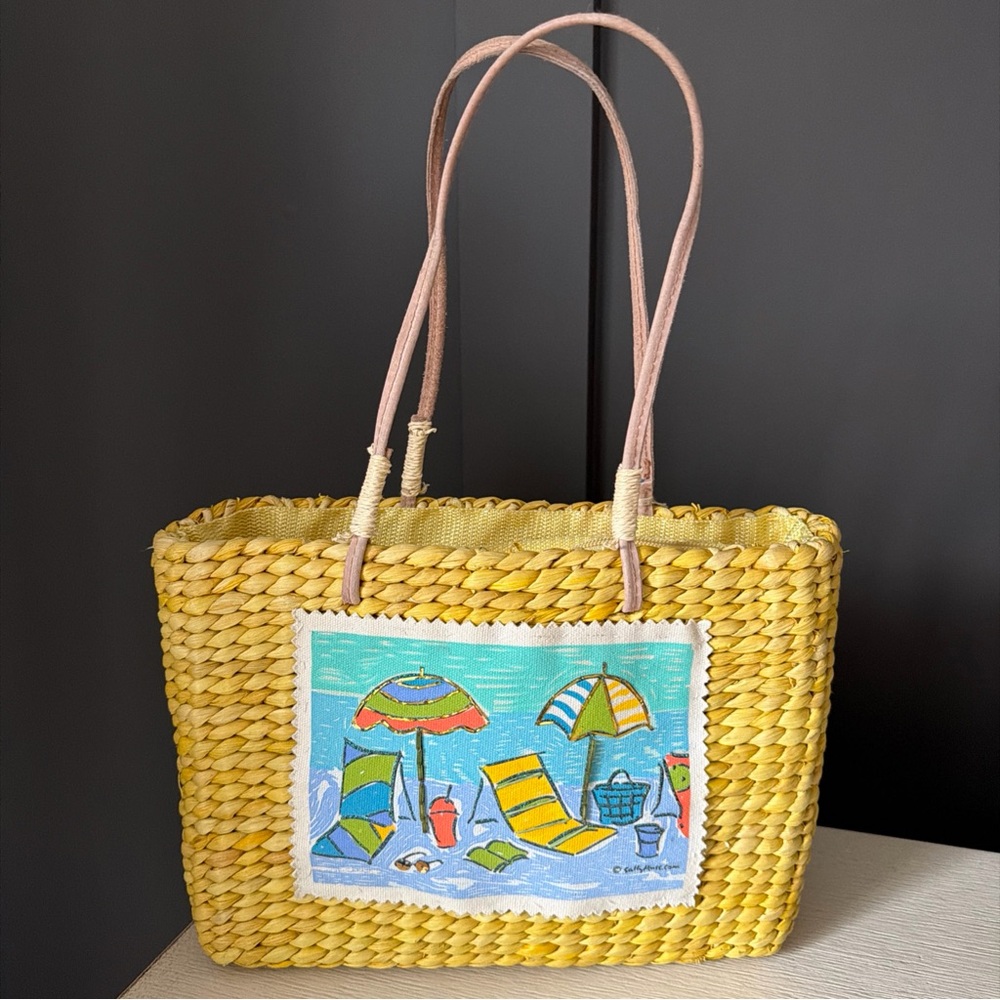 Sun and Sand -Sunny Beach Scene- Yellow woven straw Tote Bag‎ Sally Huss EUC